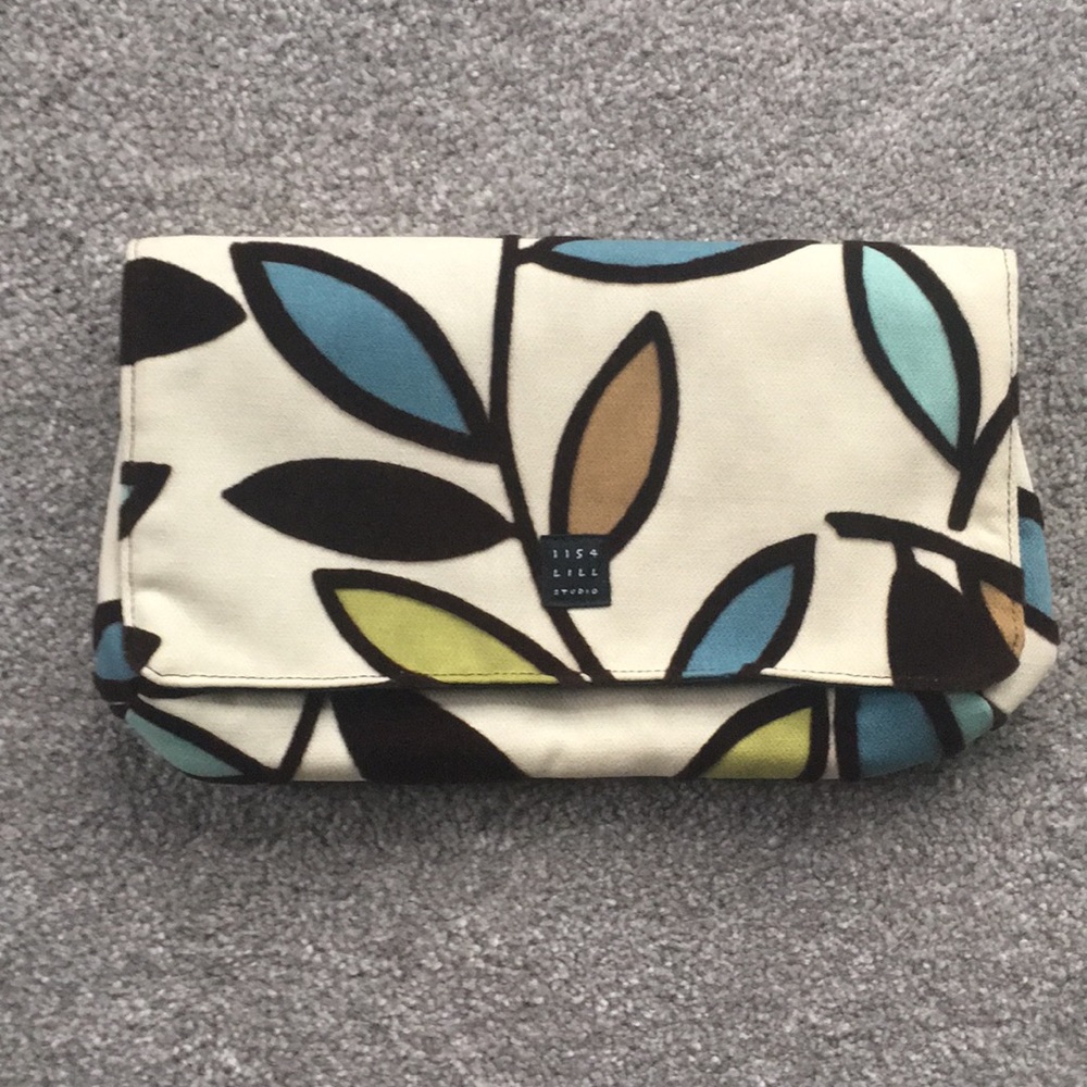 1154 Lill Studio Cream Leaf-Print Clutch with Blue, Green and Brown Accents